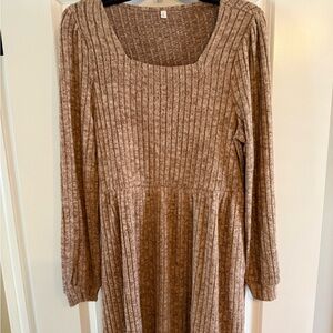 Brown Ribbed Long Sleeve Dress